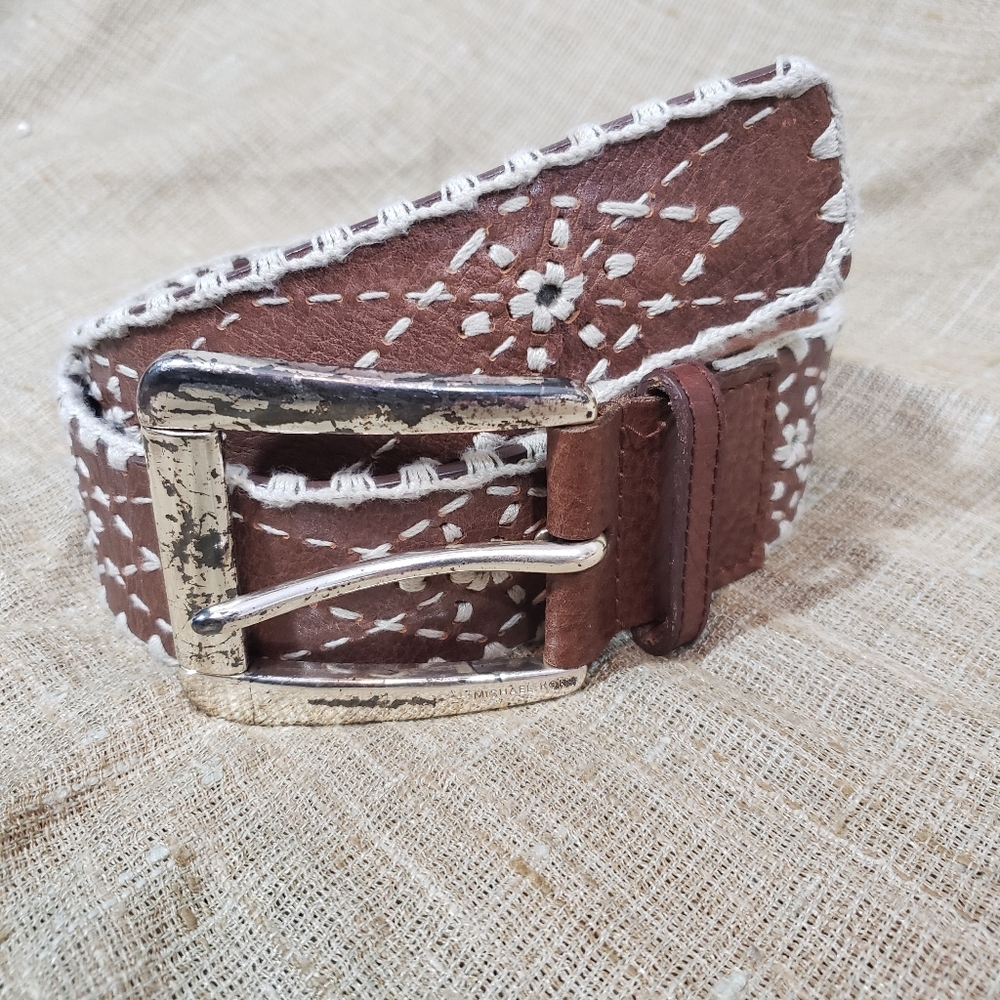37" Michael Kors Leather Embroidered Western Brown Belt